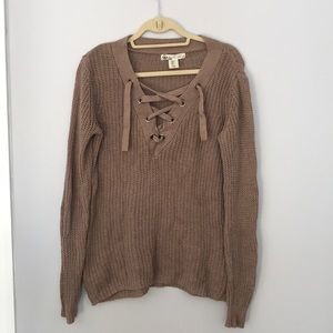 Brow/ tan knit sweater with lace up v-neck